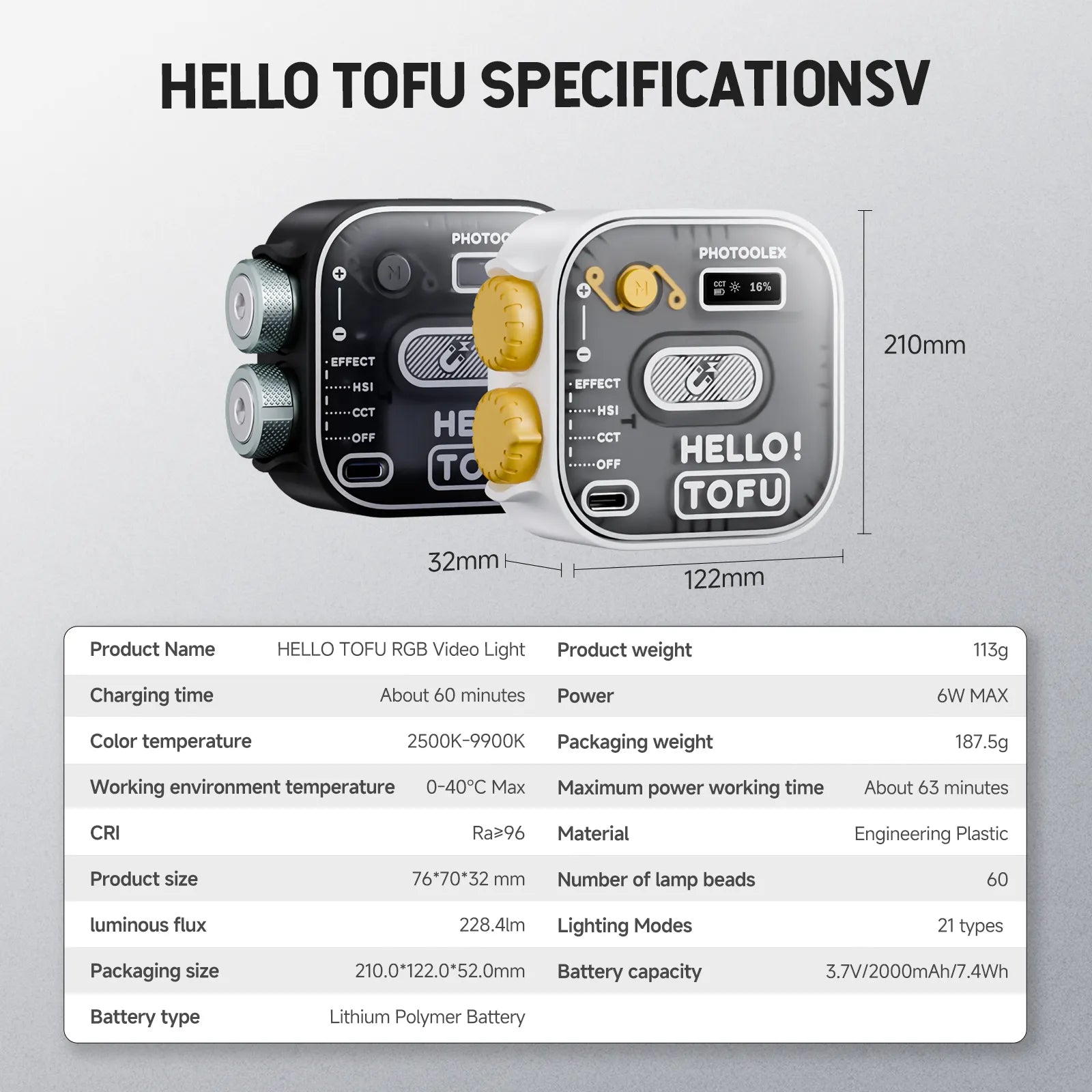 PHOTOOLEX Hello TOFU RGB Portable LED Camera Light - Photoolex