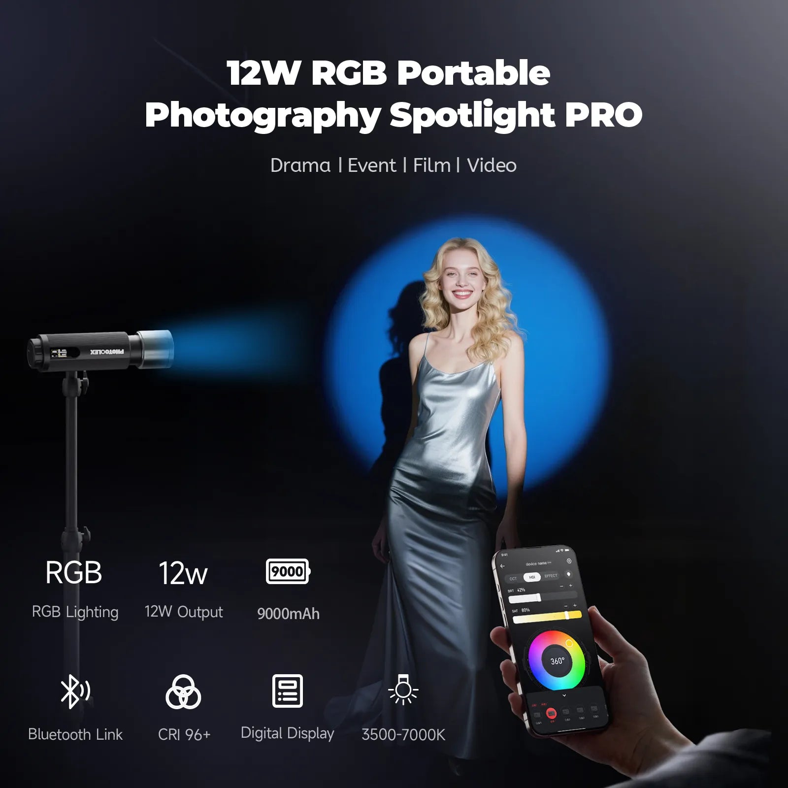 Photoolex PHOTOOLEX PRO 12W RGB Spotlight | Portable Gobo Light – Photoolex